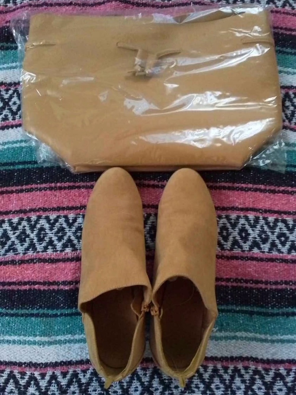 Old Navy Tan Suede Ankle Booties with a new matching purse.